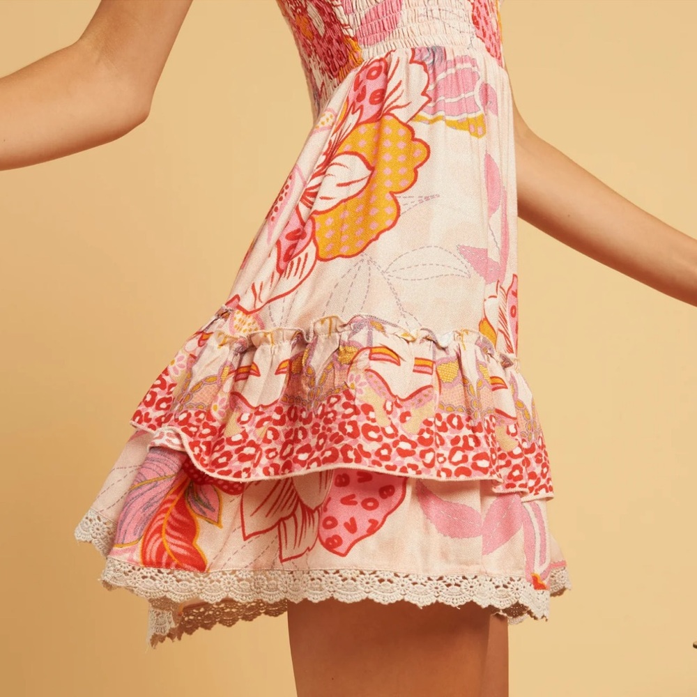 Pink & Coral Floral Halter Smocked Mini Dress - Picture 3 of 12